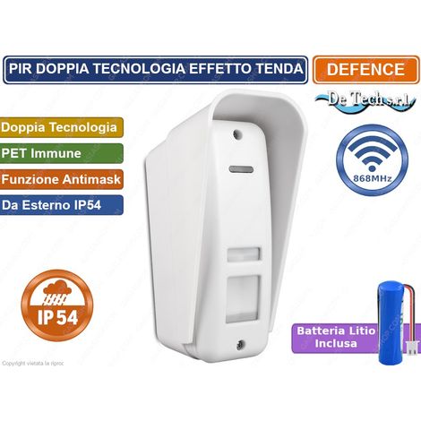 PIR SENSORE RIVELATORE DOPPIA TECNOLOGIA WIRELESS 868 MHZ DA ESTERNO EFFETTO A TENDA ANTIMASK PET IMMUNE IP54 DEFENCE-WL