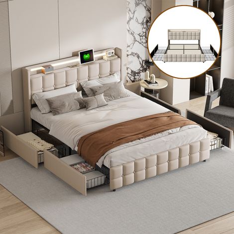 Polsterbett, 160 x 200 cm, USB-Ladefunktion, LED-Kopfteil, 4 Schubladen, Doppelbett, Matratze nicht enthalten, beige