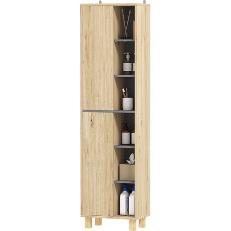 Badezimmer-Säulenschrank aus Naturholz mit 6 offenen Regalböden und 2 Schränken.