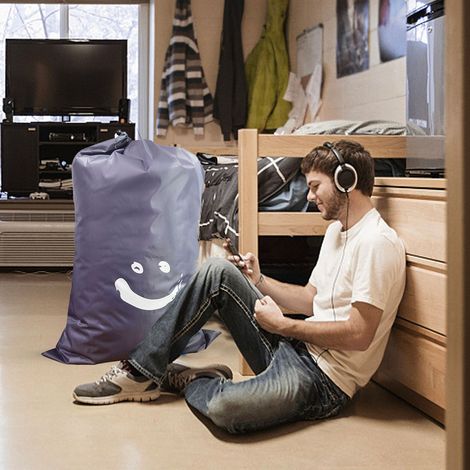 Sac à linge cylindrique en nylon avec cordon de serrage (61 x 92 cm), idéal pour ranger vêtements, vêtements de voyage, couettes ou livres. Gris foncé, motif smiley. (1/5)