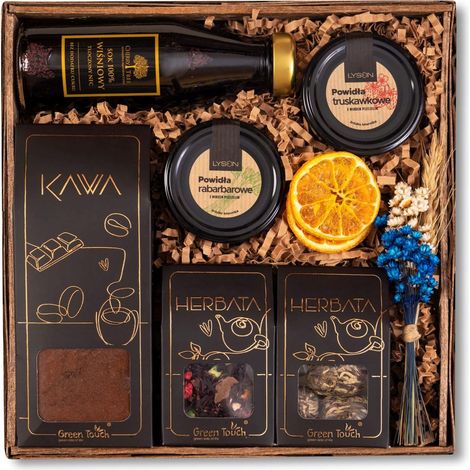 Geschenkkorb-Set mit Blütentees, Kaffee, Saft, Marmelade, Blumen, Geschenk (1/5)