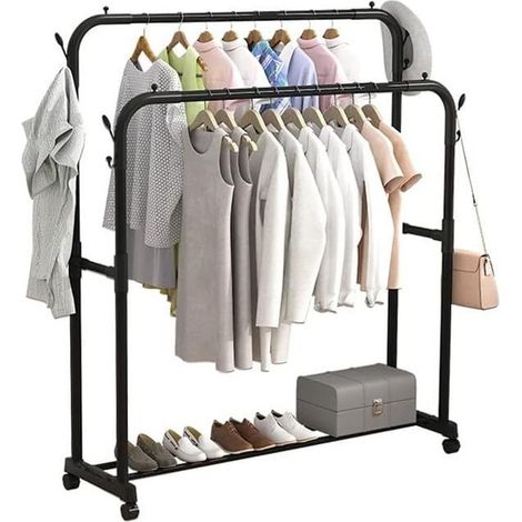 TrAdE Shop Traesio - Stand Appendiabiti Attaccapanni Abiti Stender Barra Doppio Con Ruote Freno Nero - (1/5)