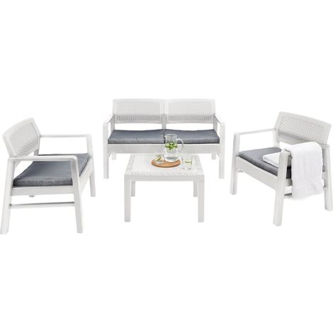 Dmora – Salon de jardin effet rotin 4 places – 2 fauteuils, 1 canapé, 1 table basse – Coussins inclus – 100% étanche et déperlant – Blanc
