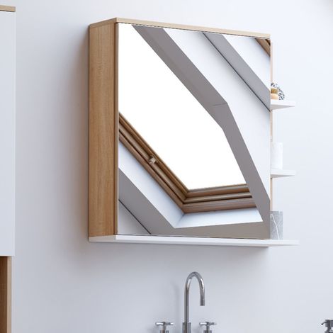 Mueble de baño TOMI con espejo y estantes en haya y blanco