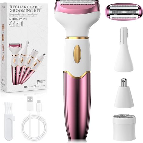 Rasoio elettrico 4 in 1 per donne, rifinitore per zone intime, rifinitore bikini impermeabile IPX7, utilizzabile sia a secco che sotto la doccia, depilatorio ricaricabile per viso, sopracciglia, naso, (1/5)