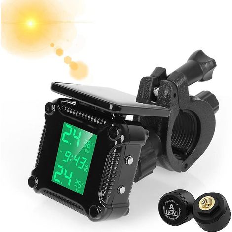 Système de surveillance de la pression des pneus étanche pour moto avec 2 capteurs, alarme de température, alimentation solaire et chargement USB (externe). (1/5)