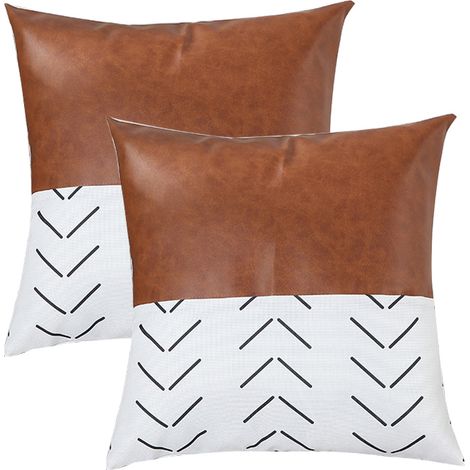 Ensemble de 2 housses de coussin décoratives en lin à rayures patchwork, style moderne, imitation cuir, noir (1/5)