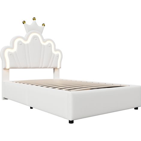 Cama tapizada 90 x 200 cm con LED, almacenaje hidráulico, cabecero regulable, blanco (1/5)