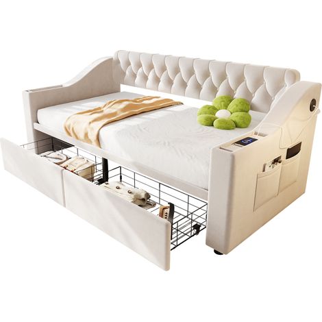 CHICFURN Canapé lit 90x190 cm capitonné en velours beige, avec 2 tiroirs de rangement, accoudoirs avec rangements intégrés, ports USB et structure métal (1/5)