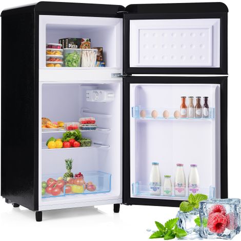 Retro Kühlschrank Schwarz 72L mit Gefrierfach, Freistehender Doppeltür Kühlschrank, Leiser Mini Kühlschrank 39dB, Energieklasse E, 46x45x91 cm