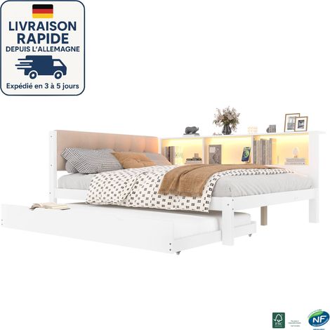 MODFU - Sofá cama LED 140x200/90x190cm con cama nido, cama adulto, cabecero tapizado, 3 baldas, sin colchón, pino, blanco (1/5)