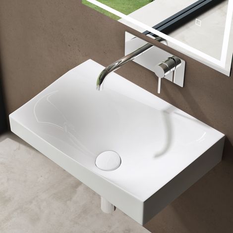doporro® Lavabo suspendido 60x38x20 cm, lavabo de baño cuadrado montaje en pared Colossum 6035 en blanco de alto brillo con revestimiento NANO para aseo de invitados