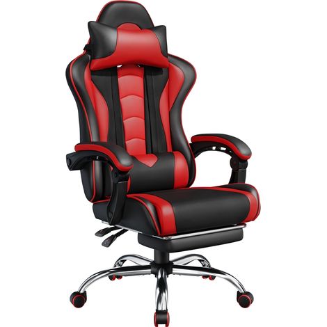 Yaheetech Chaise Gaming Massante Ergonomique Fauteuil Gamer Dossier et Appui-tête Hauteur Réglable avec Repose-Pied Similicuir Charge 150 kg Noir Rouge (1/5)