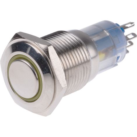 Bouton-poussoir, Verrouillable lumineux, LED Jaune, Unipolaire à deux directions (1RT), 3 A @ 250 V c.a., Argent, ( Prix pour 1 ) (1/2)