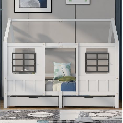 Hausbett Kinderbett mit 2 Schubladen 90x200 Weiß OKMYHOME (1/5)