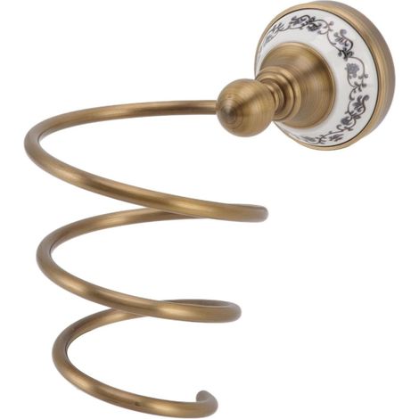 Porte sèche-cheveux mural en laiton antique avec spirale et base céladon, design vintage salle de bain (1/5)