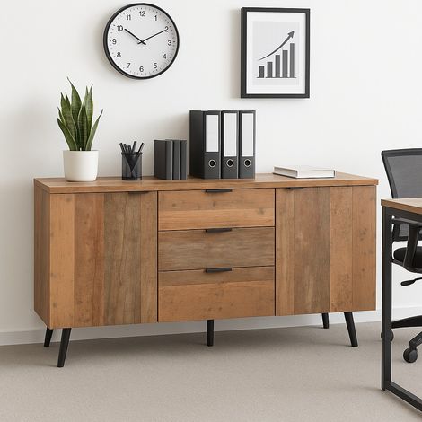 URBAN MEUBLE Armoire de rangement de bureau style bois vieilli 2 portes 3 tiroirs 140x35x70 cm (1/5)