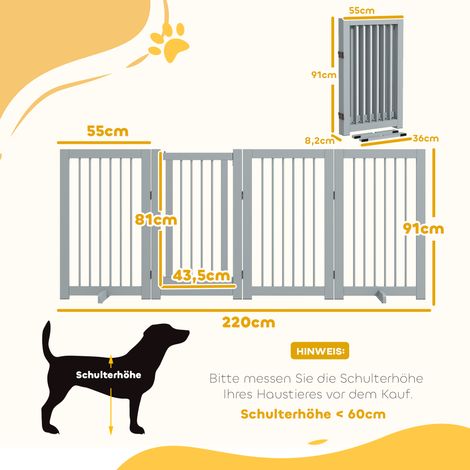 Barrière quatre panneaux gris clair bois pliable pour chien 220x91cm porte pieds stabilisateurs, séparation escalier cuisine entrée sans perçage (1/5)