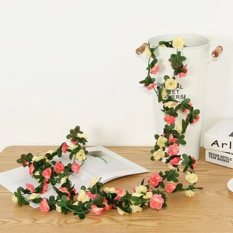 Künstliche Pflanzen - Rosenranke - 2er-Set - Gelb und Dunkelrosa - 2,4 m
