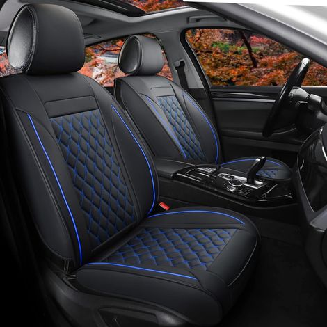 Lot de 2 Housses pour sièges Avant de Voiture, en Cuir synthétique, modèle Universel adapté pour la Plupart des Voitures, SUV, berlines, Pick-ups et camionnettes - Noir/Bleu (1/5)