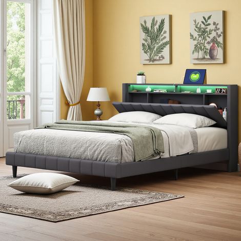 Cadre de lit 160x200 cm - USB et LED - Lin Gris - Industriel - Lit double 160x200 cm (1/5)