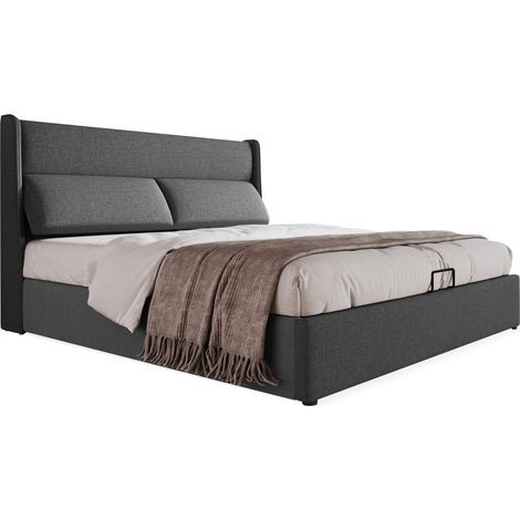 Lit double rembourré 140 x 200, cadre en lin, 140x200, gris (1/5)