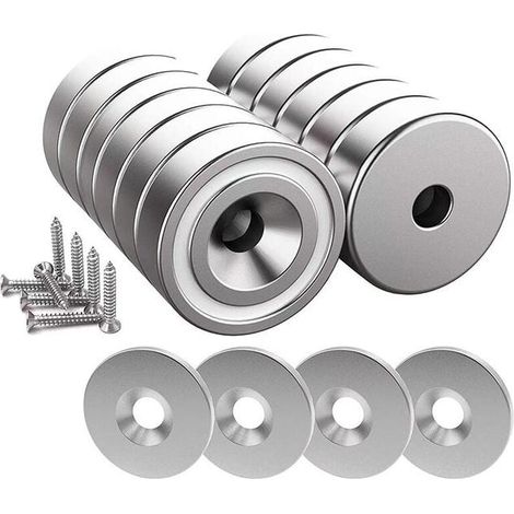 12 pièces Aimants en néodyme 10 KG force 20 x 7 mm avec trou et capsule, aimant en pot fraisé avec vis et 12 coussins en acier (Argent Brillant) (1/3)