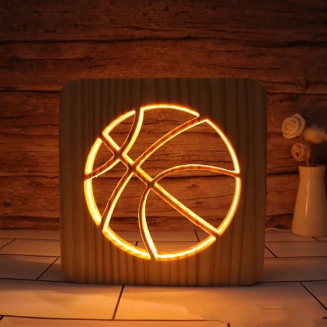 KLVGTIFS PU - Veilleuse LED en forme de ballon de basket, en bois massif, basse consommation, interrupteur à bouton, lumière douce et chaude, cadeau original pour les amis, décoration pour la chambre (1/5)
