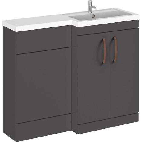 Balterley Right-Hand Bathroom Vanity and WC Unit Combination with Basin - 1100mm - Gloss Grey with Copper Handles