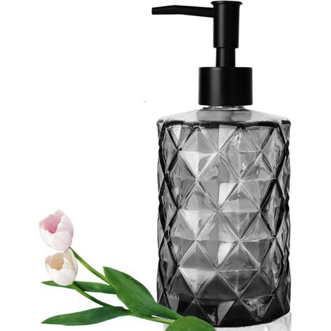 QORVA-7.5 x 18cm Distributeur Savon Liquide Vaisselle, 330ml Distributeur de Savon, Distributeur Savon Noir Salle de Bain, Distributeur Savon en Verre, Distributeur Savon pour Lotion Gel Douche Savon