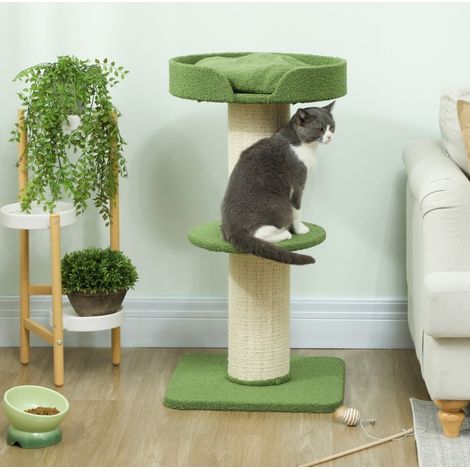 Tiragraffi per gatti 45x45x91 cm, con piattaforme e letto, pali in sisal, cuscino rimovibile, poliestere verde (1/5)