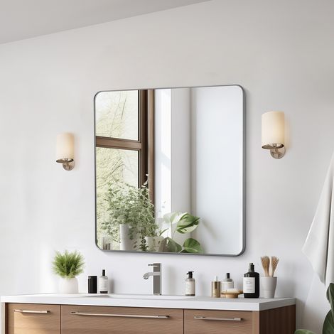 VEVOR Specchio da Trucco da Parete, Specchio 915 x 915 mm con Cornice in Lega di Alluminio e Pellicola Antideflagrante, Specchio Antigraffio con Staffa a Forma di Z, Adatto per Bagno Soggiorno