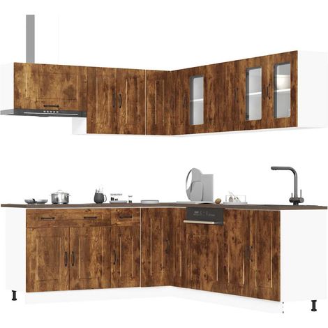 Ensemble de meubles de cuisine 11 pièces en bois d’ingénierie et verre chêne fumé, 198.25kg - PANGIVO (1/5)