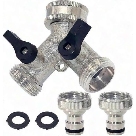 Distributeur d'eau à 2 sorties, raccord de robinet double avec vannes indépendantes et 2 connecteurs rapides, adaptateur Y en laiton 3/4 pouces argenté pour arrosage jardin (1/5)