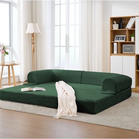 Canapé-lit 2 places vert en tissu côtelé, design 2 en 1 gain de place avec accoudoirs rembourrés, 190x78x65 cm (1/5)