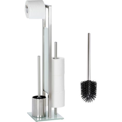 Combiné WC Rivalta avec brosse de rechange 3 en 1 WENKO, Brosse WC, Dérouleur stockage Papier Toilette, Acier Inox mat- verre trempé noir, 18x70x23 cm (1/5)