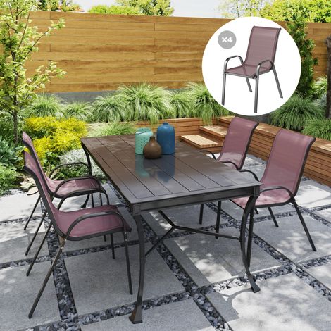 4er-Set stapelbare Gartenstühle mit geschwungenen Armlehnen, Stahl und atmungsaktivem Stoff, 54 x 71 x 93 cm, Braun