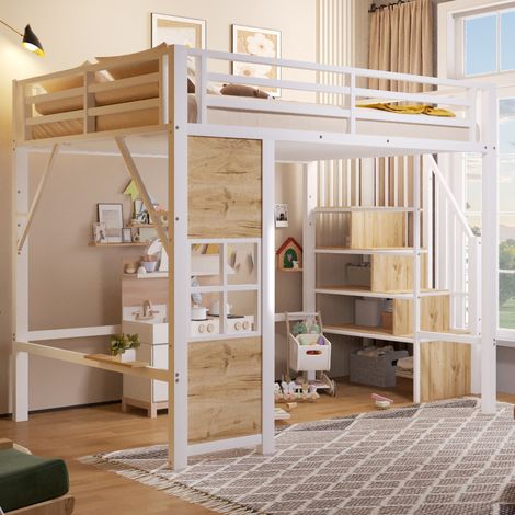Lit mezzanine 140x200 cm avec escalier de rangement et garde-corps, en métal, blanc, sans matelas (1/5)