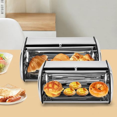 Edelstahl-Brot-Box für Küchenarbeitsplatte, Edelstahl-Brot-Aufbewahrungsbehälter mit Roll-up-Deckel und klarem Fenster, Roll-up-Art-Brot-Behälter-Organizer (1/5)