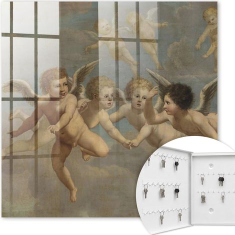 Armoire à clés - (30 cm x 30 cm) - Boîte à clés murale - Coffret de rangement pour clés - Couleur blanche - Ouverture vers la gauche - Pour maison et bureau - Anges volants Putti Peinture baroque (1/5)