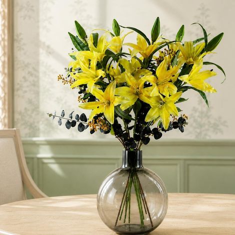 100cm Artificial Yellow Lily Black Eucalyptus Glass Ball Vase Premium (1/5)