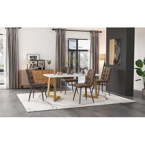 Ensemble à manger 117×68 cm avec 4 chaises rectangulaires,chaise de salle à manger en velours marron et pieds de table dorés. (1/5)