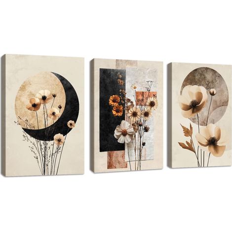 3 Pcs Beige Noir Géométrique Floral Impression Sur Toile Avec Cadre, Moderne Plantes Fleurs Tableau Decoration Murale Eucalyptus Feuille Affiche Peintures Decoration Chambre Maison Bureau 30x40cmx3 (1/5)