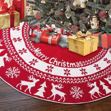 Jupe de sapin de Noël, jupe de sapin en maille torsadée rouge bordeaux de 122 cm, décorations de sapin de Noël avec flocons de neige et rennes, grandes décorations de Noël (1/5)