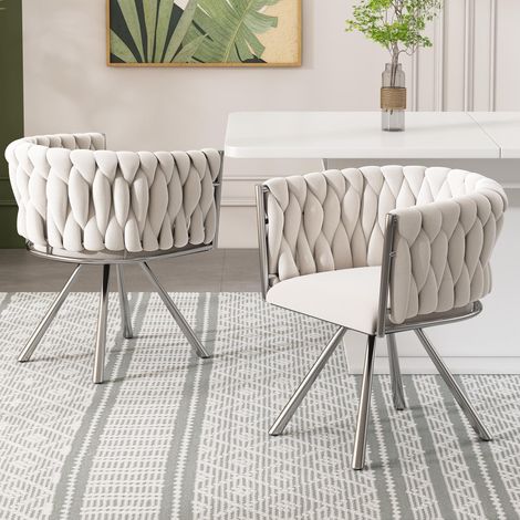 Ensemble de 2 chaises de salle à manger en velours, fauteuil pivotant de luxe à une lumière pour salon/chambre, fauteuil pivotant de détente avec quatre pieds de support en métal, beige et argent
