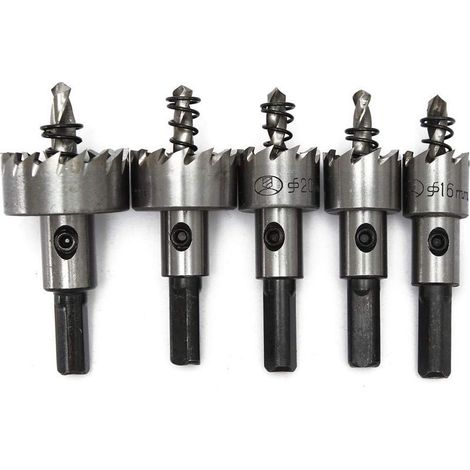 Scie cloche, foret à métaux en acier rapide au cobalt. Jeu de 5 forets : 16 + 18,5 + 20 + 25 + 30 mm, acier rapide au cobalt, M35, dureté Rockwell C 64–66, queue de 9,5 mm. (1/5)