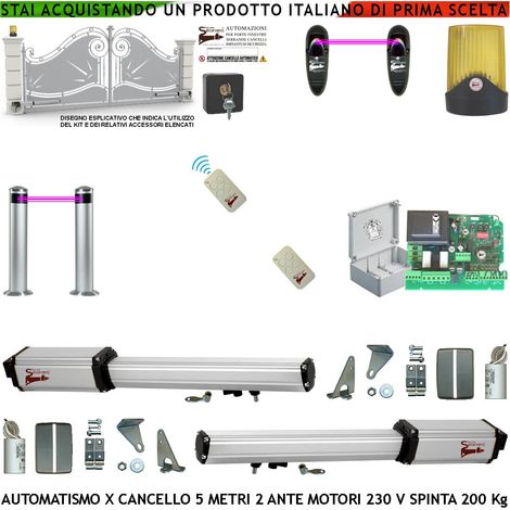 Apricancello 5 Metri 2 Ante da 2,5 MT Kit Motori Elettromeccanici 230 V Sblocco Corsa 300 mm Spinta 2 Q.tali Staffe 2 Radiocomandi 2 Coppie Fotocellule 2 Paline Selettore 2 Ck.i Faro Cartello Monitore (1/5)