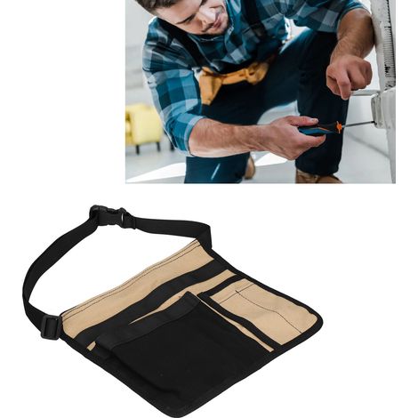Sac de Ceinture en Toile Léger Multi-Poches pour Outils Électriques et Jardinage Rangement Noir et Beige - KZQ (1/5)