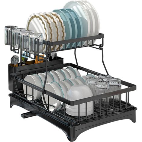 Égouttoir à vaisselle à 2 niveaux, bol en fer avec porte-ustensiles pour tasses, armoire de comptoir de cuisine, noir (1/5)