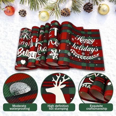 Lot de 6 sets de table de Noël à carreaux, imperméables et lavables, motif flocons de neige. (1/3)